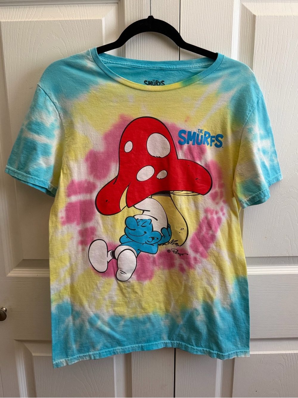 5 for $25! The Smurfs Tie-Dye Short Sleeve Tee with Red Mushroom Graphic